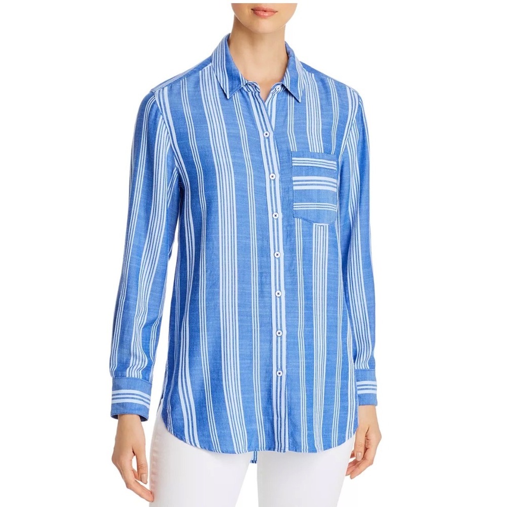Tommy Bahama Blue White‎ Stripe Long Sleeve Button Down Shirt Women's XL